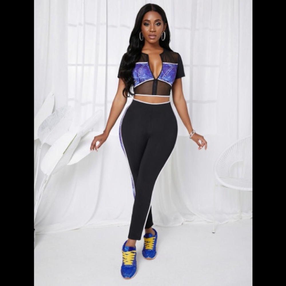 C-Thru Mesh Patches Black & Blue Short Sleeve Zip Up Crop Top & Legging Outfit